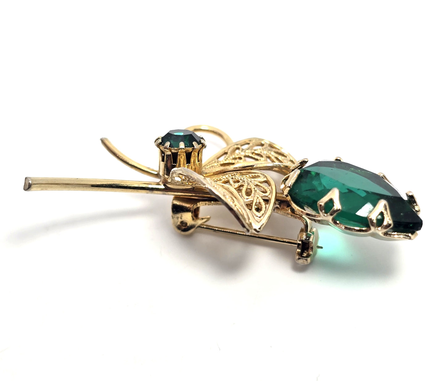 Unsigned Schreiner Green pear cut large MCM vintage rhinestone brooch