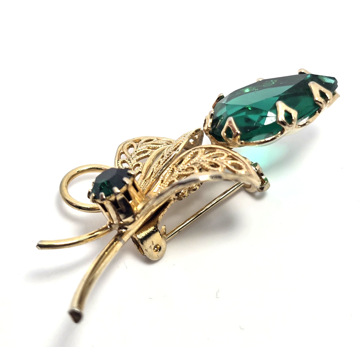 Unsigned Schreiner Green pear cut large MCM vintage rhinestone brooch