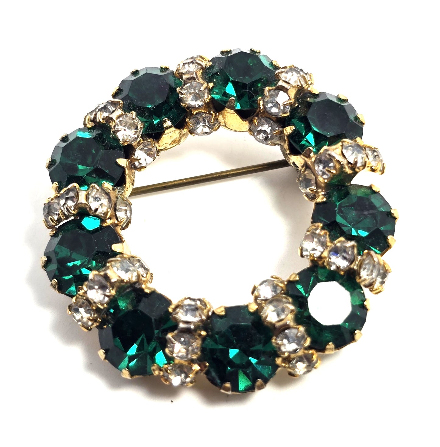 Emerald dark green chaton banded clear rhinestone vintage circle brooch