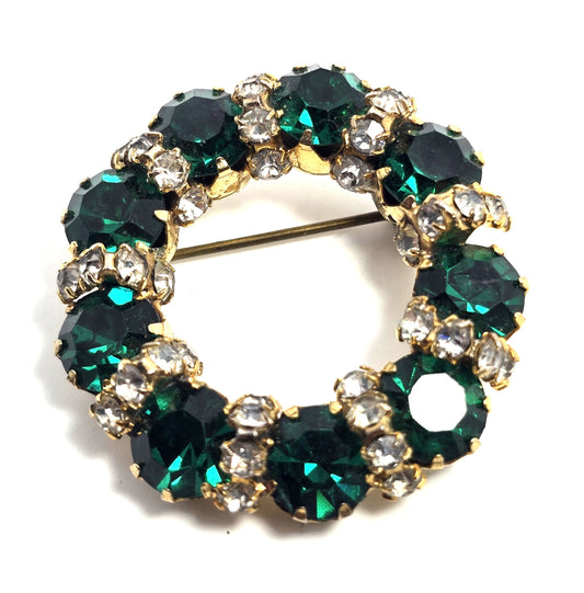 Emerald dark green chaton banded clear rhinestone vintage circle brooch