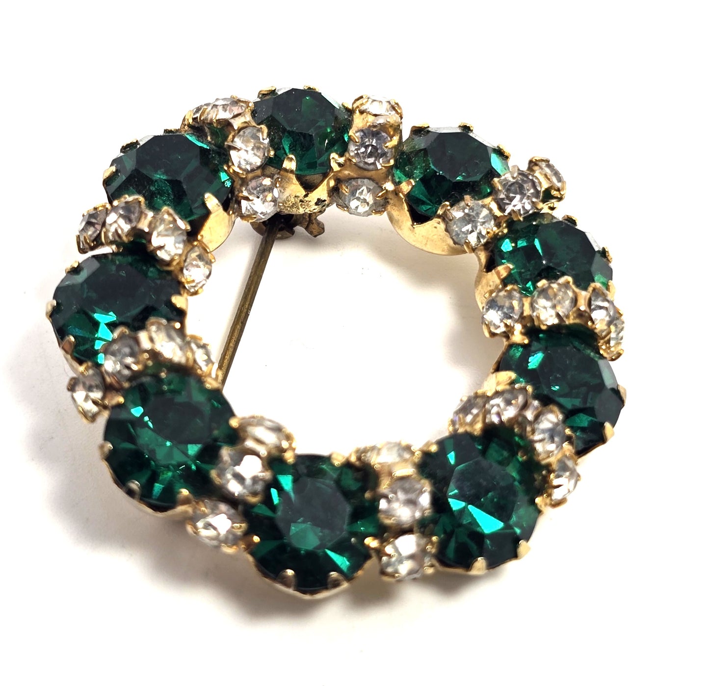 Emerald dark green chaton banded clear rhinestone vintage circle brooch