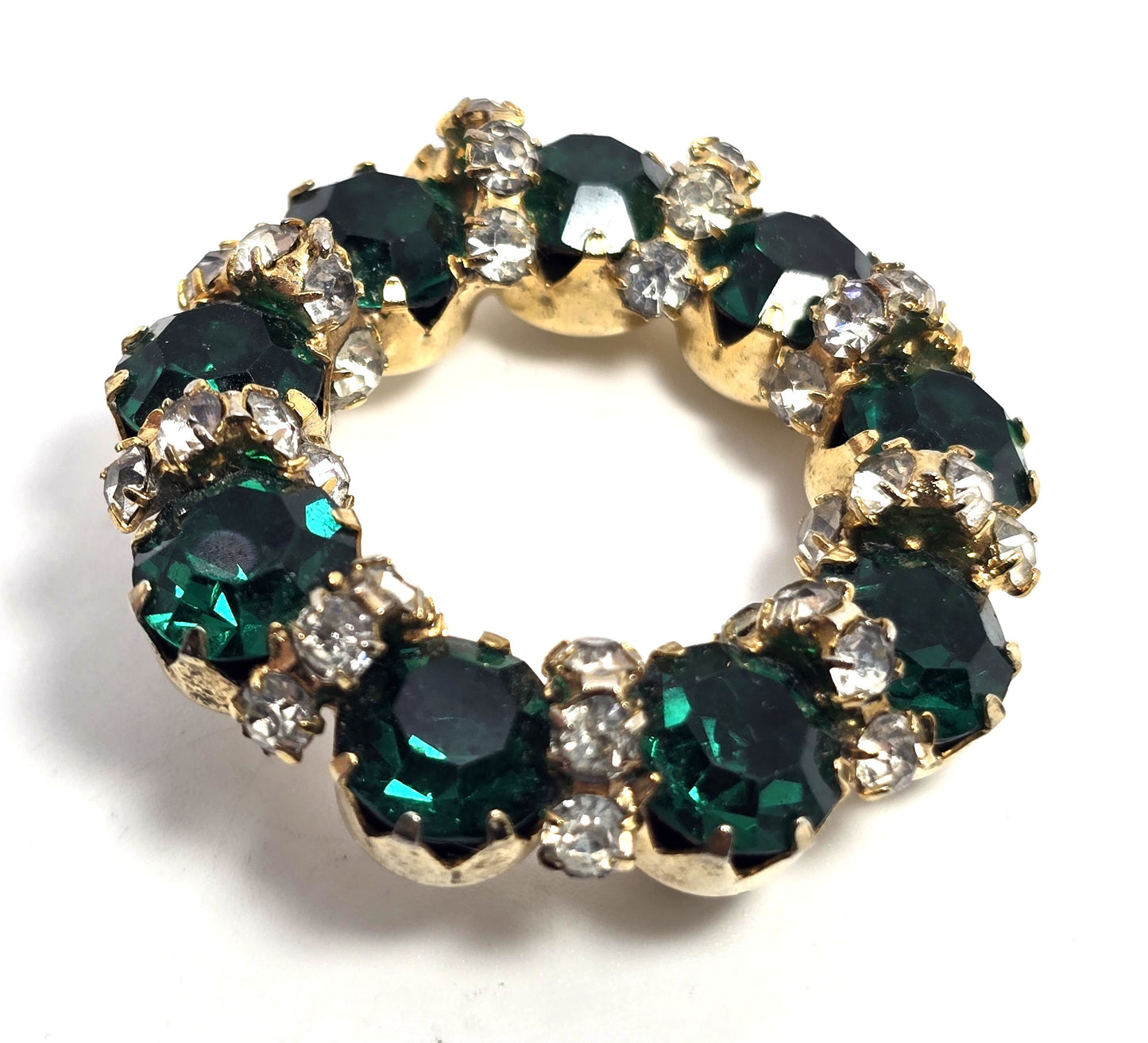 Emerald dark green chaton banded clear rhinestone vintage circle brooch