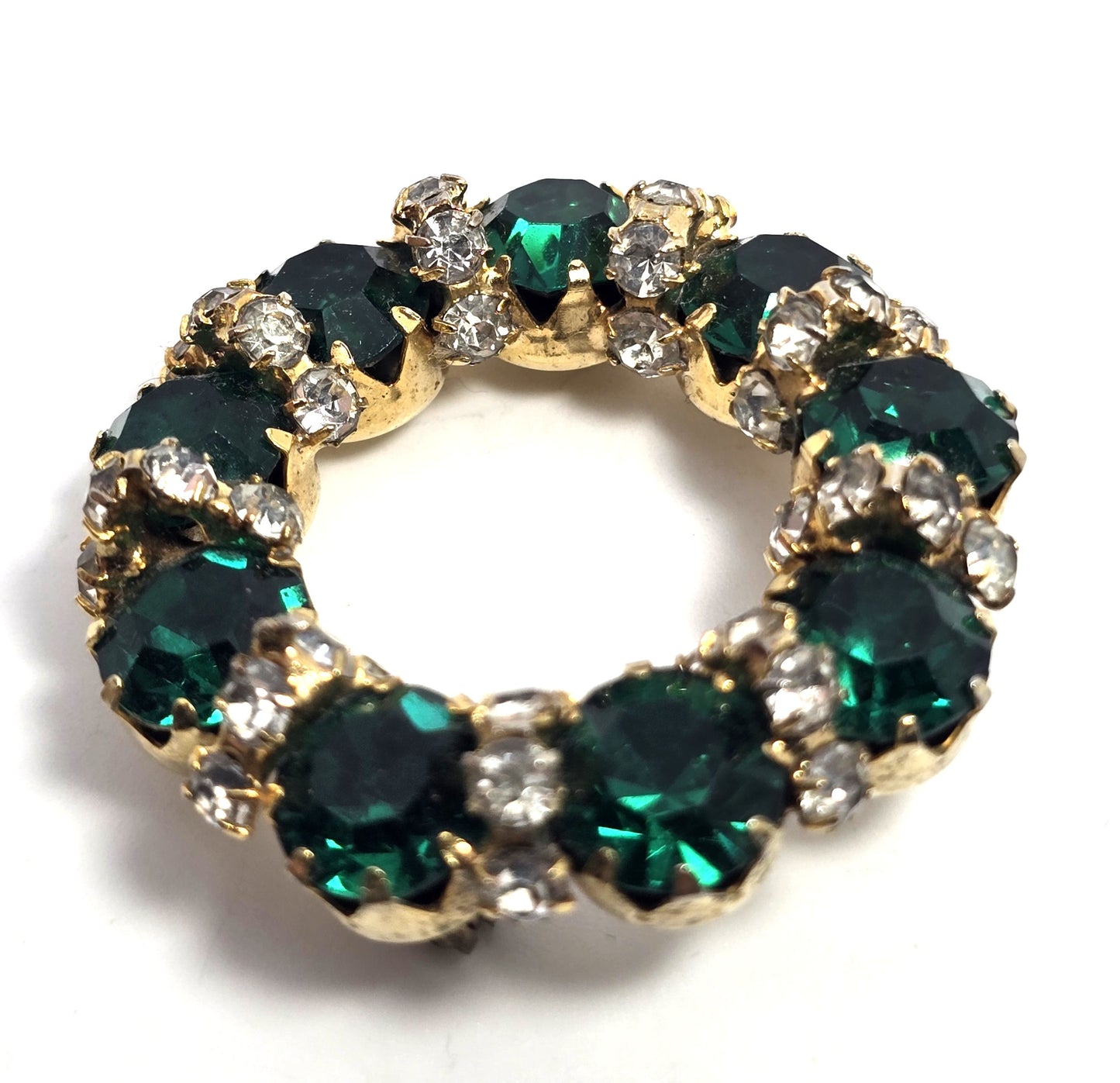 Emerald dark green chaton banded clear rhinestone vintage circle brooch