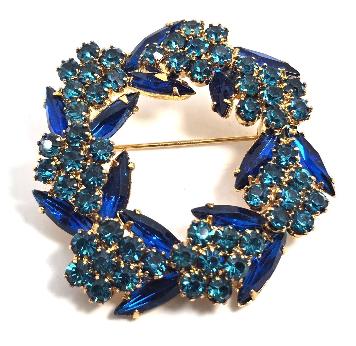Blue green Peacock navette vintage rhinestone circle brooch mid century