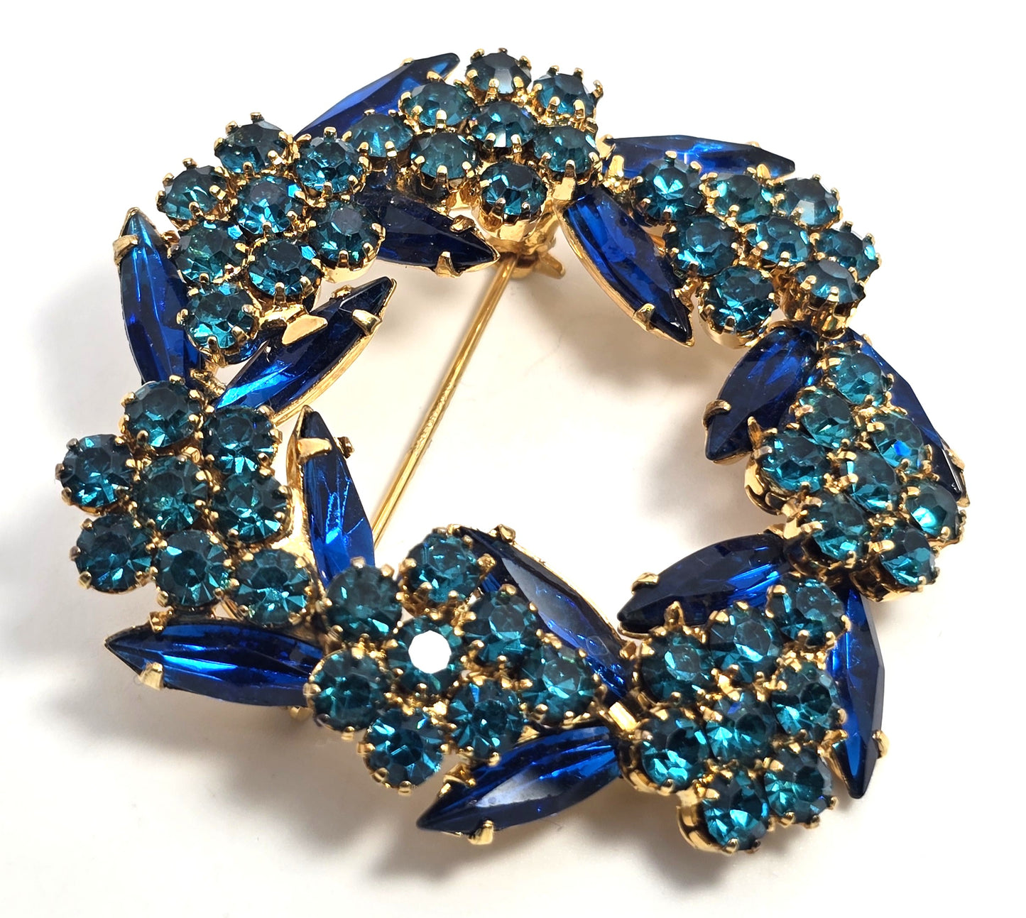Blue green Peacock navette vintage rhinestone circle brooch mid century