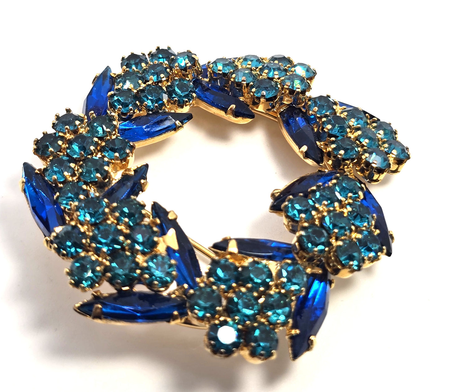 Blue green Peacock navette vintage rhinestone circle brooch mid century