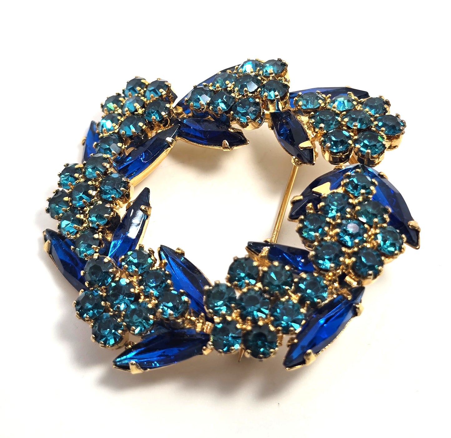 Blue green Peacock navette vintage rhinestone circle brooch mid century