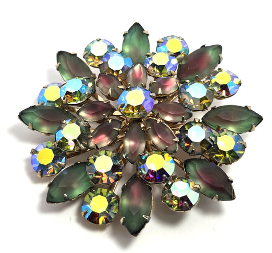 Coro pink givre green aurora borealis AB vintage signed rhinestone brooch