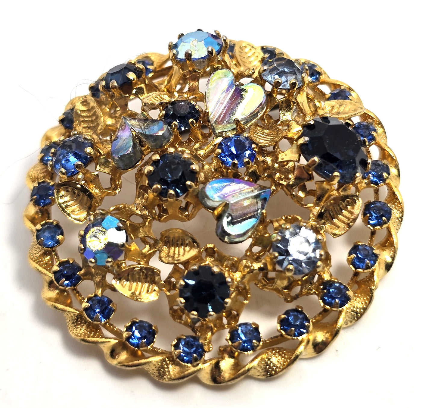 Austria blue rainbow aurora borealis heart vintage rhinestone flower brooch