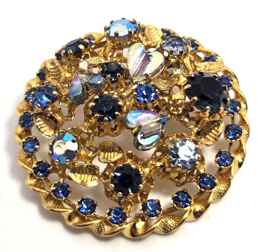 Austria blue rainbow aurora borealis heart vintage rhinestone flower brooch