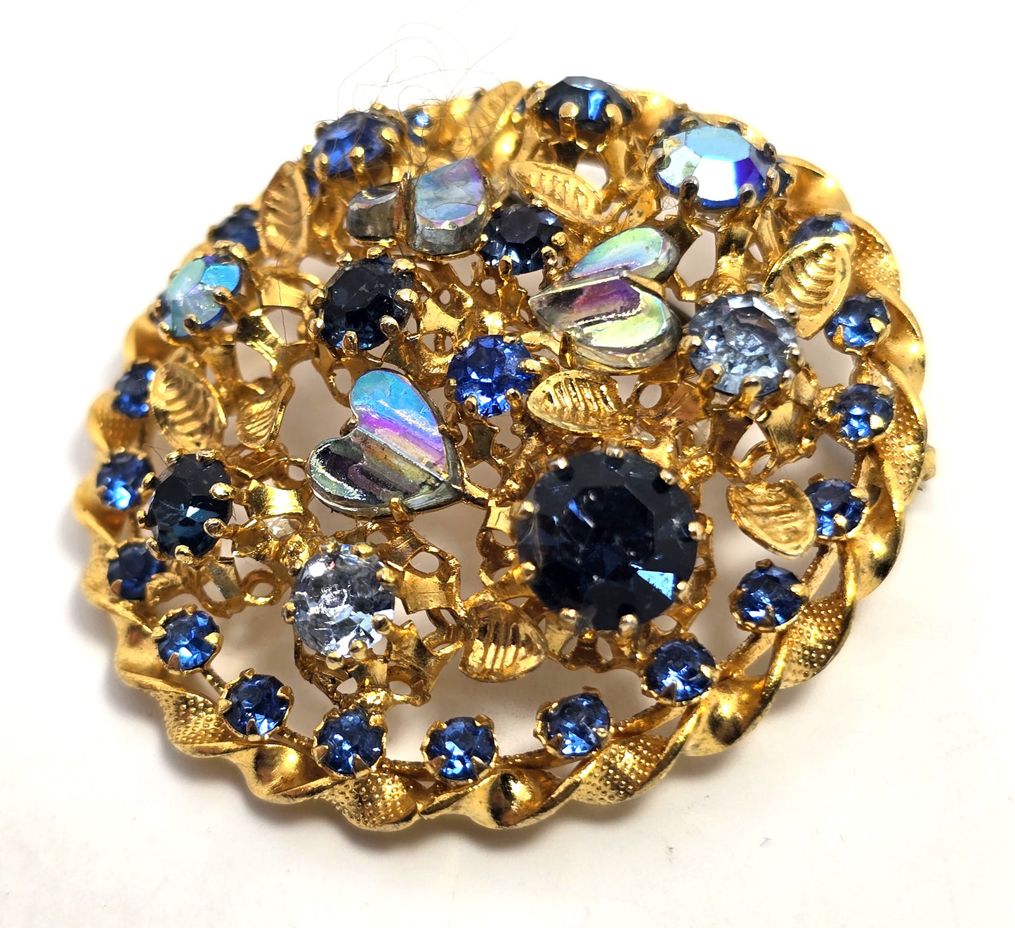 Austria blue rainbow aurora borealis heart vintage rhinestone flower brooch