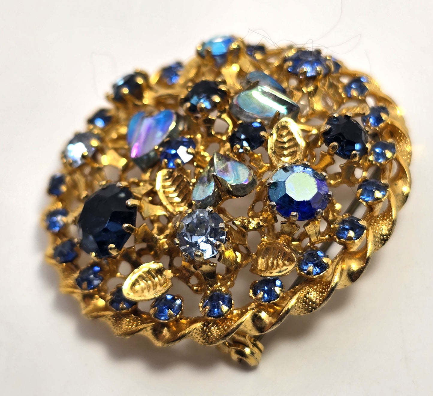 Austria blue rainbow aurora borealis heart vintage rhinestone flower brooch