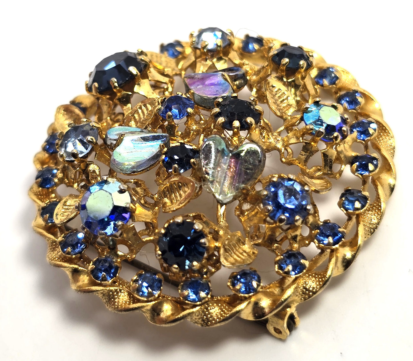 Austria blue rainbow aurora borealis heart vintage rhinestone flower brooch