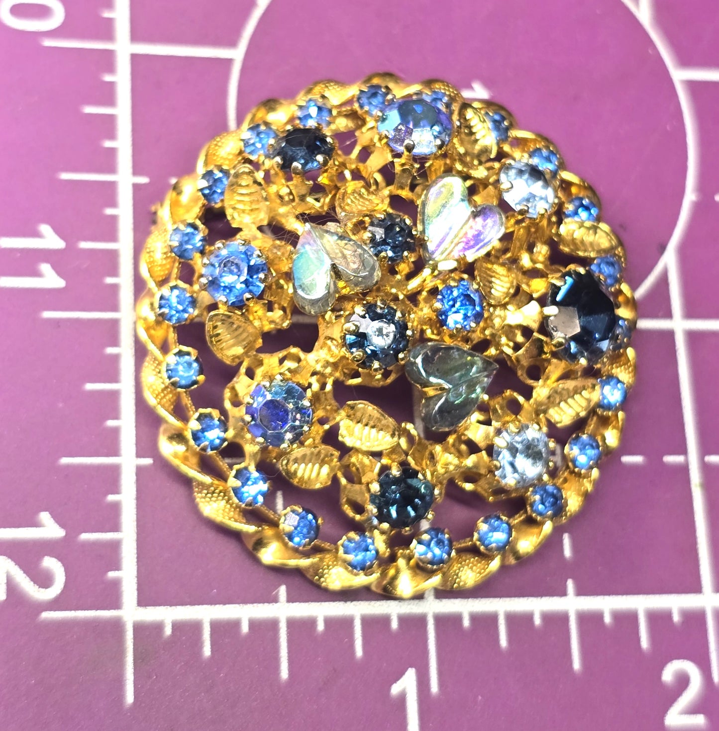 Austria blue rainbow aurora borealis heart vintage rhinestone flower brooch