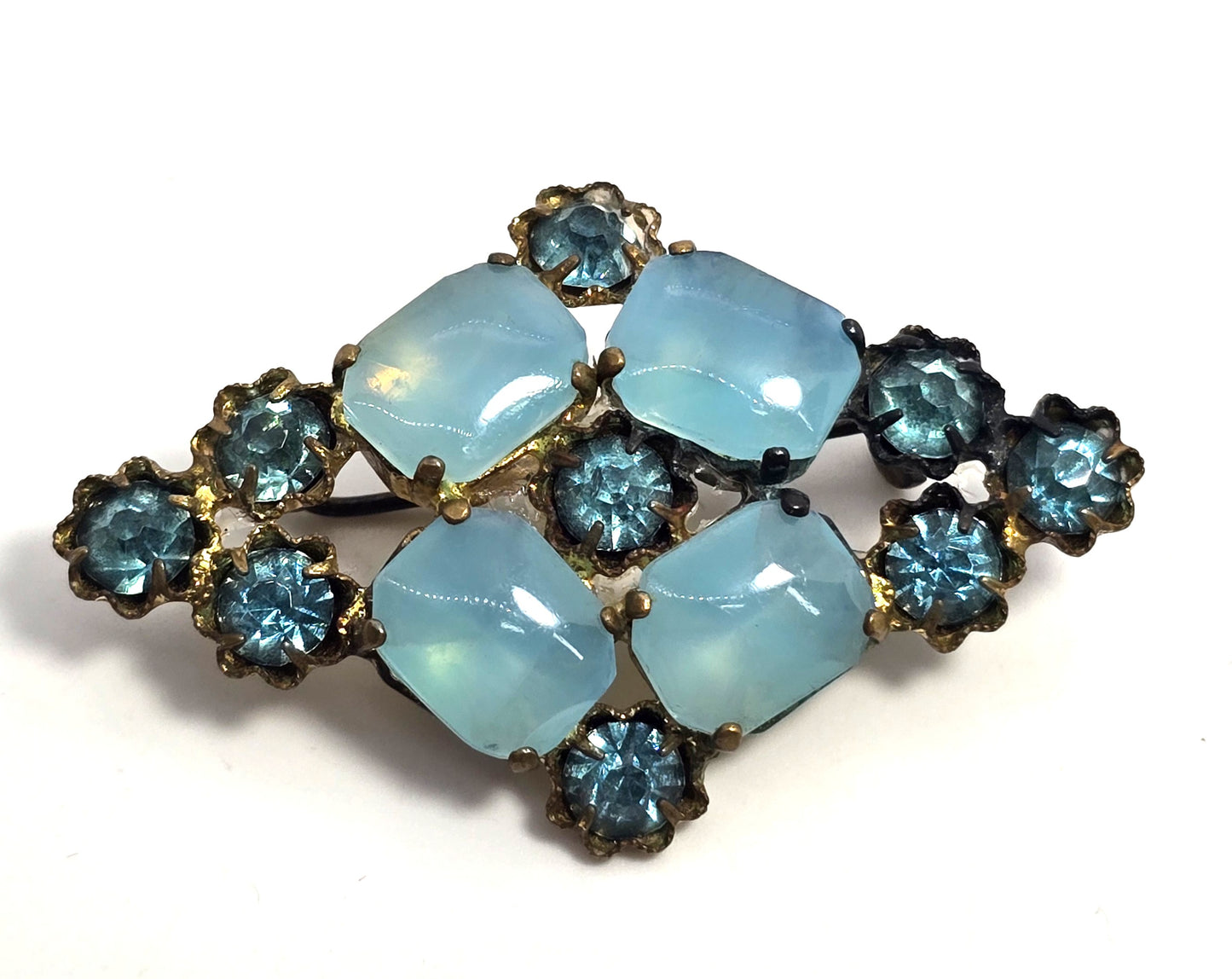 Czech aqua blue bohemian glass rhinestone vintage gold toned flower brooch