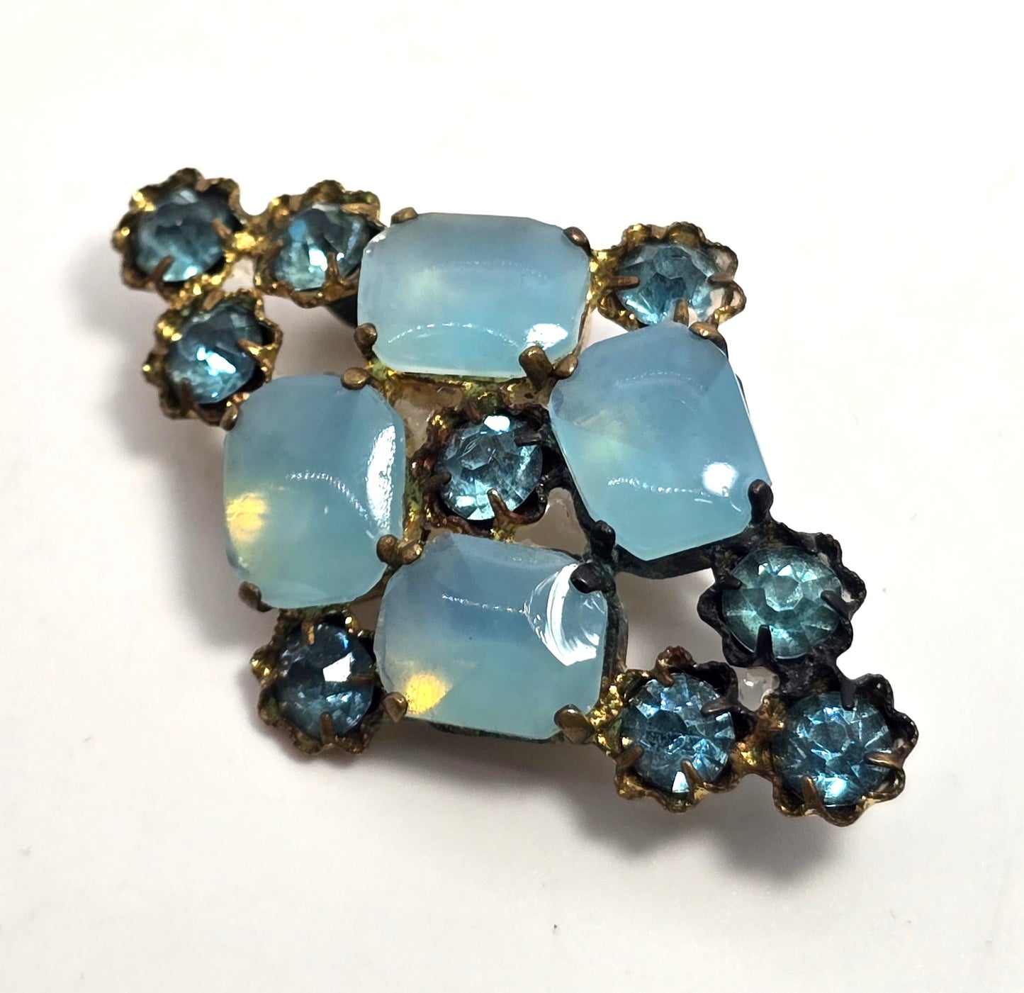 Czech aqua blue bohemian glass rhinestone vintage gold toned flower brooch