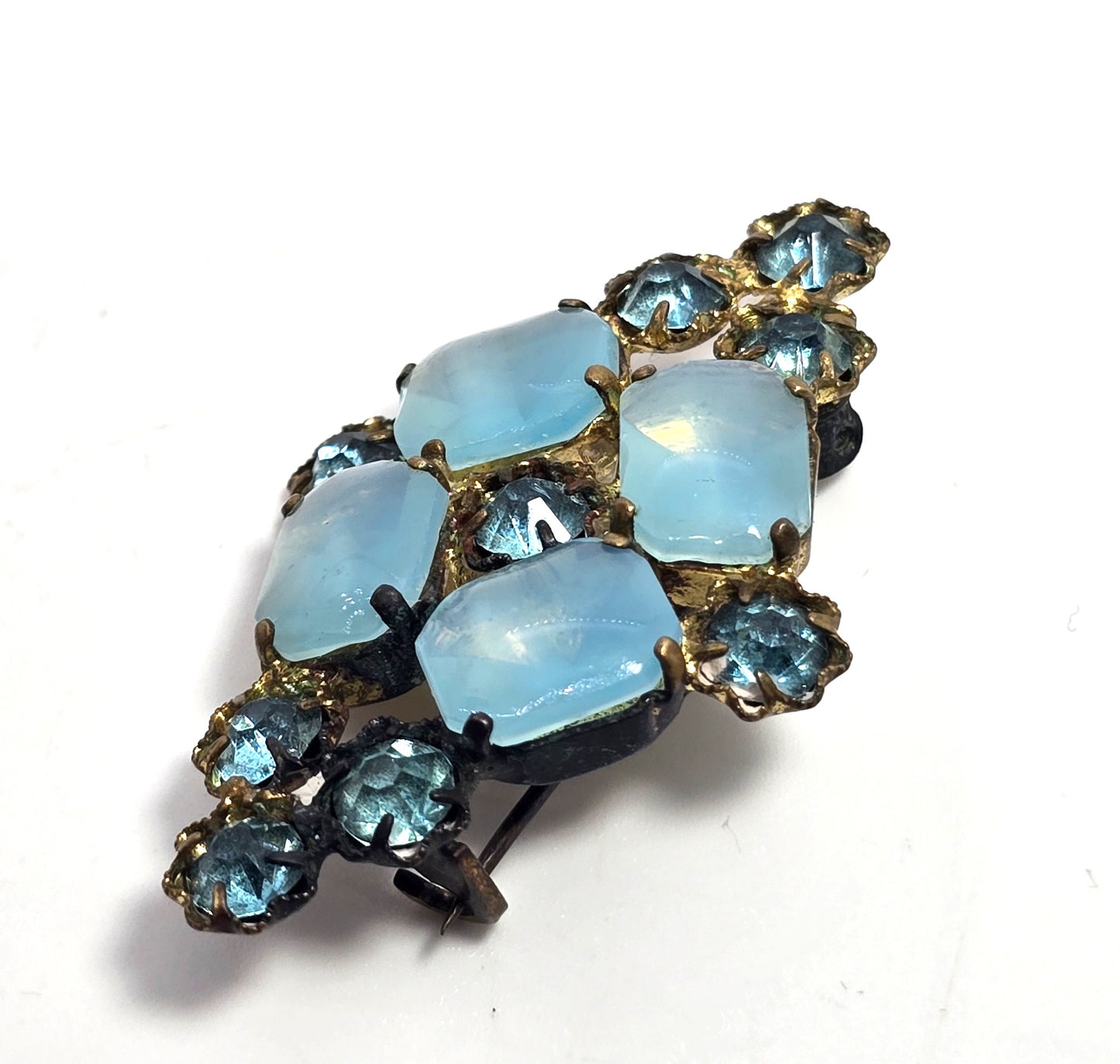 Czech aqua blue bohemian glass rhinestone vintage gold toned flower brooch