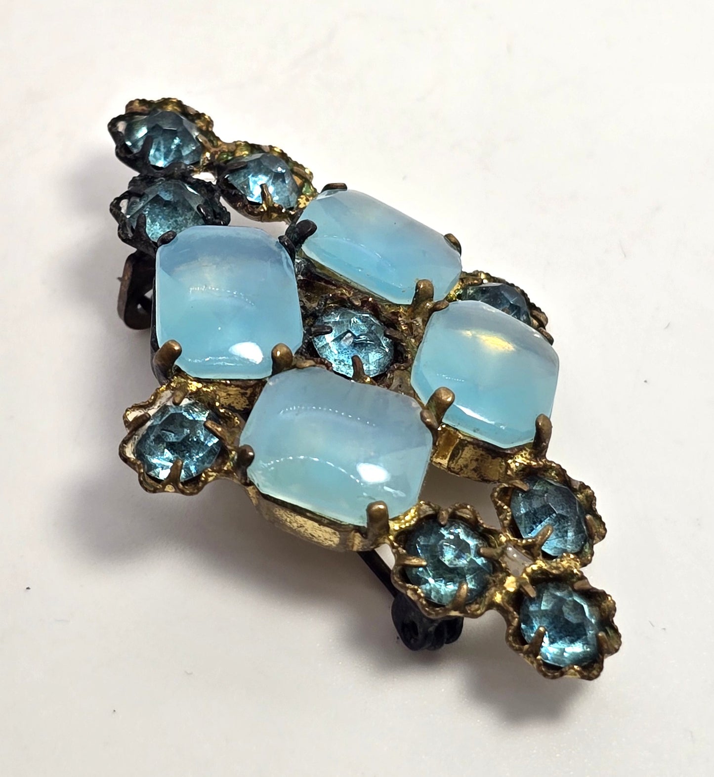 Czech aqua blue bohemian glass rhinestone vintage gold toned flower brooch