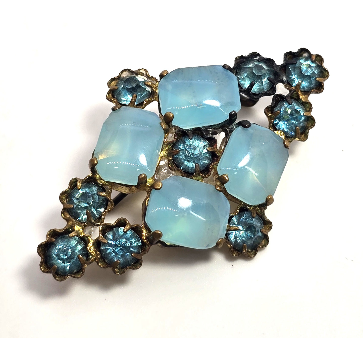 Czech aqua blue bohemian glass rhinestone vintage gold toned flower brooch