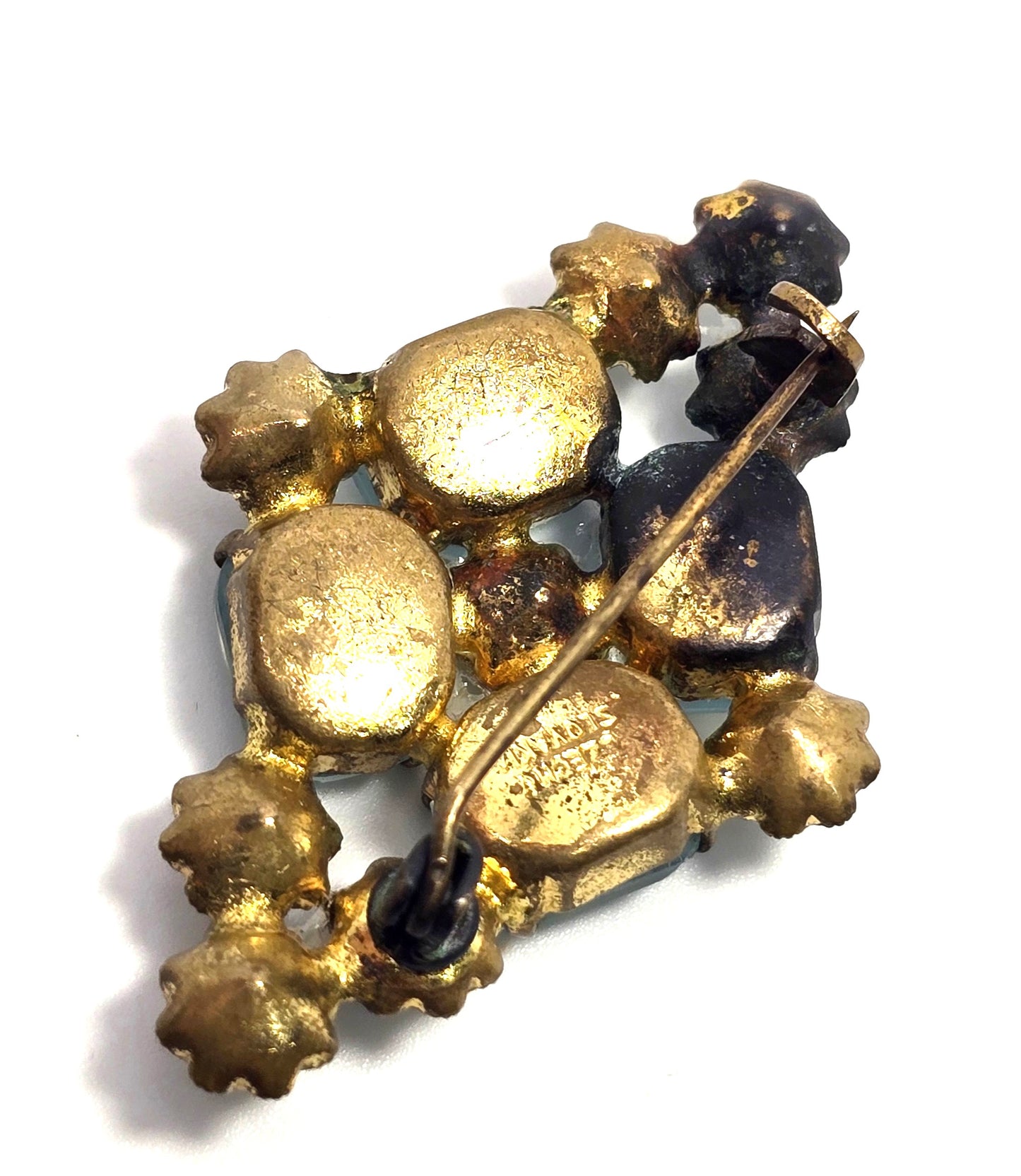 Czech aqua blue bohemian glass rhinestone vintage gold toned flower brooch