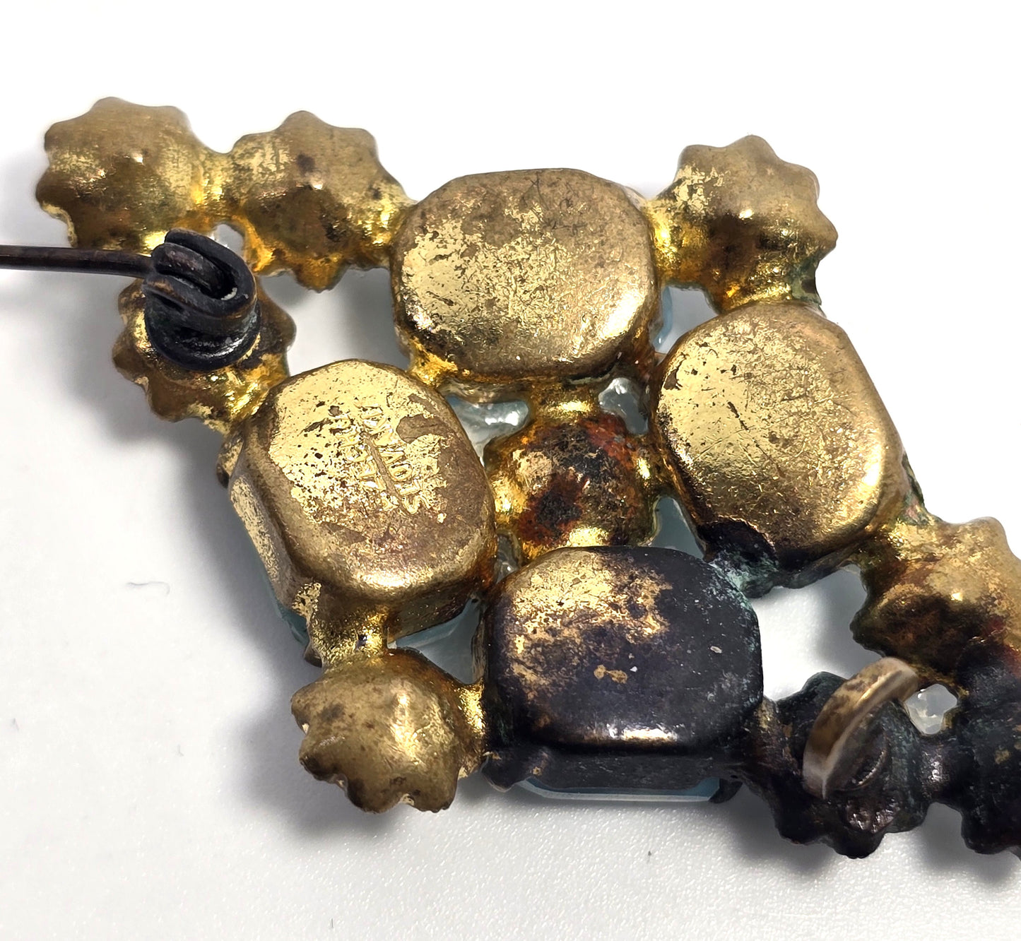 Czech aqua blue bohemian glass rhinestone vintage gold toned flower brooch