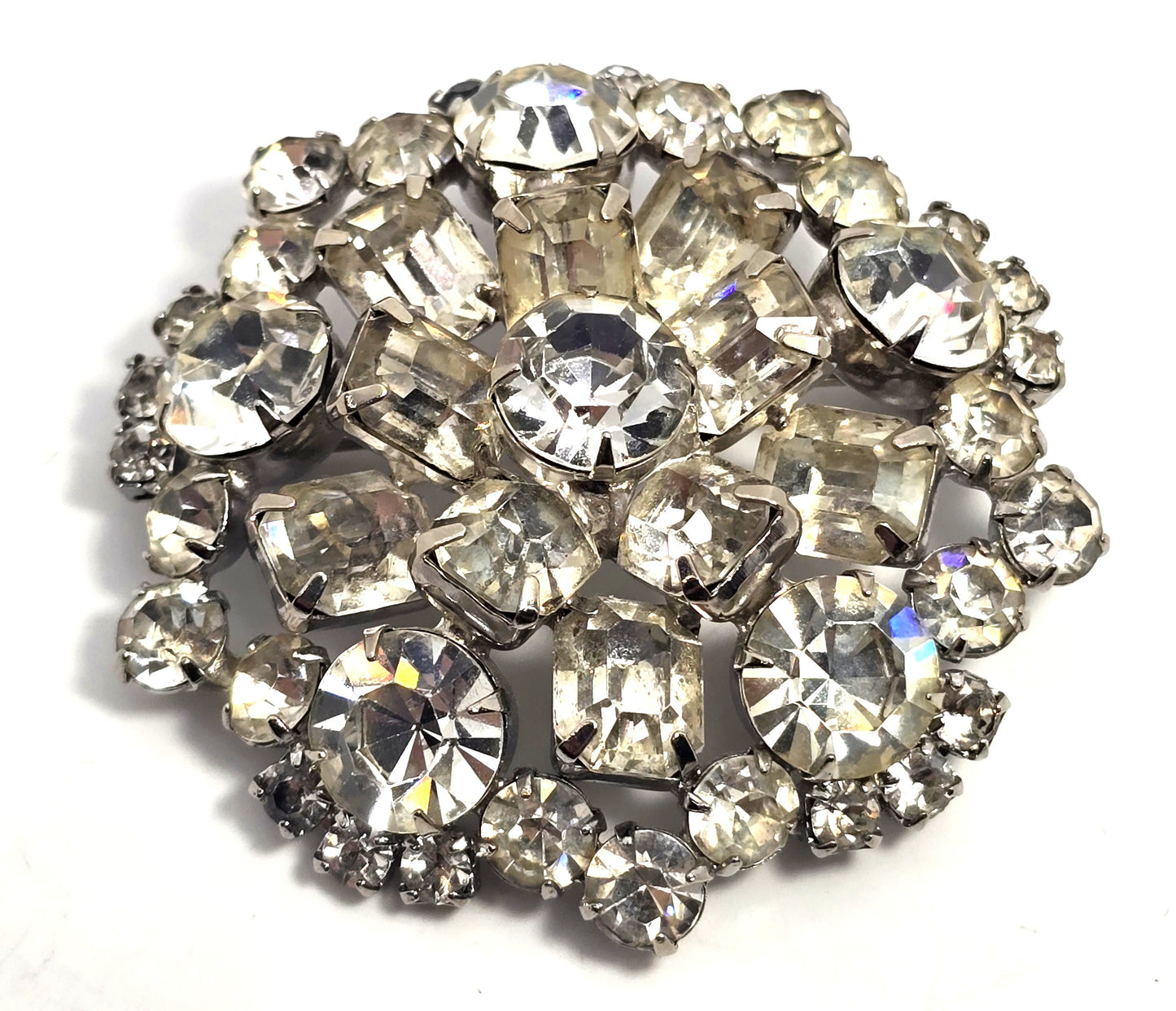 Emerald cut clear rhinestone large mid century flower spiral brooch pin