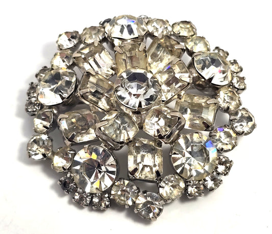 Emerald cut clear rhinestone large mid century flower spiral brooch pin