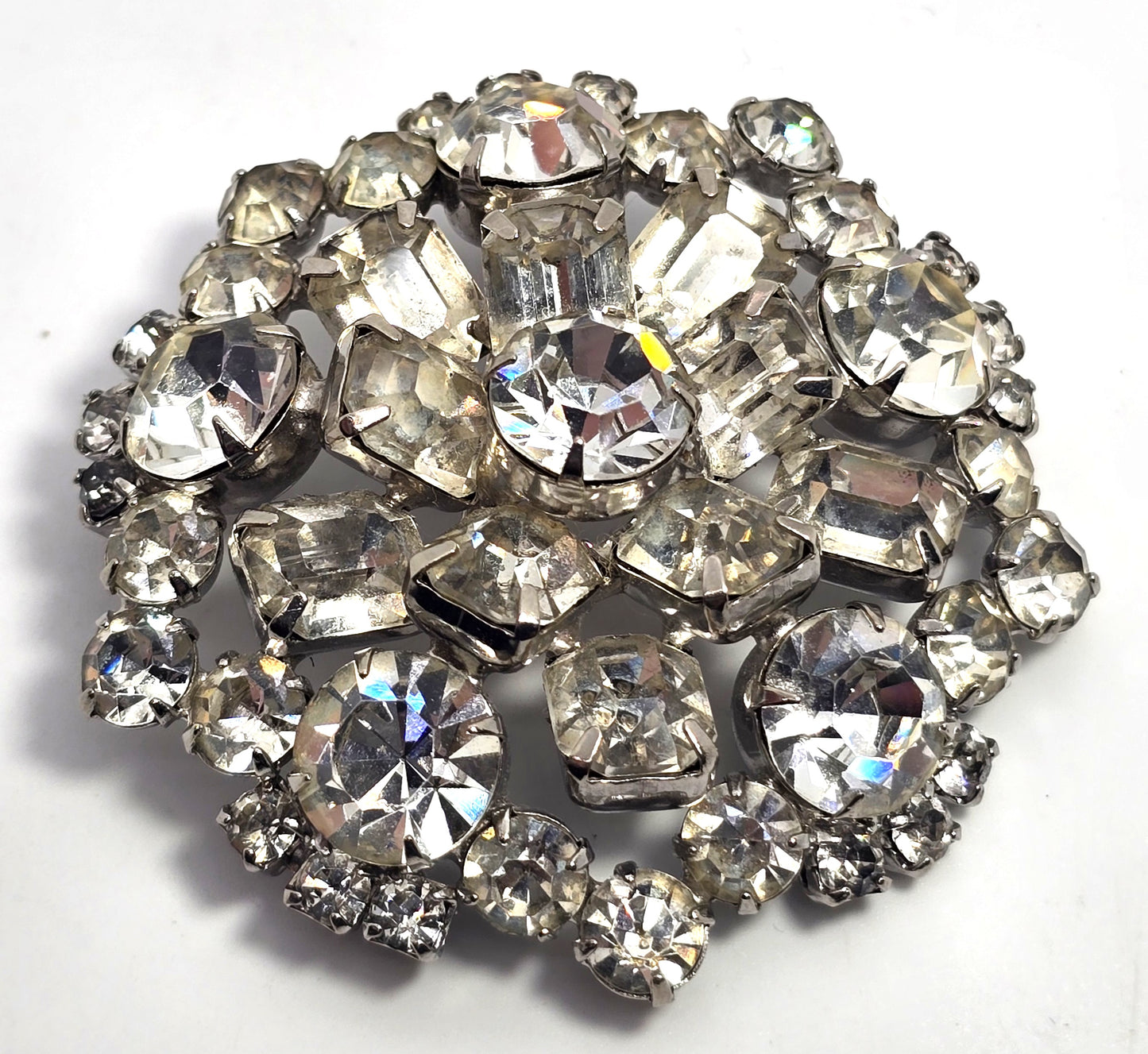 Emerald cut clear rhinestone large mid century flower spiral brooch pin