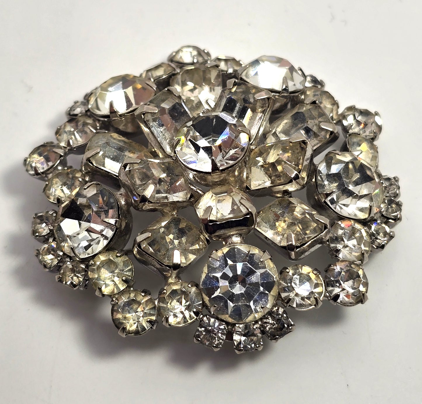 Emerald cut clear rhinestone large mid century flower spiral brooch pin
