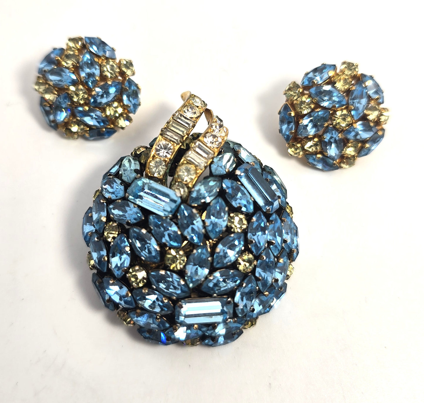 Schoffel & Co aqua blue Jonquil yellow rhinestone vintage demi set brooch earrings
