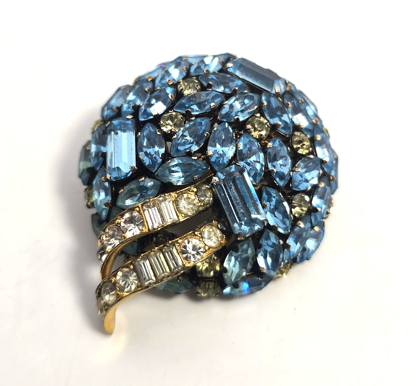 Schoffel & Co aqua blue Jonquil yellow rhinestone vintage demi set brooch earrings