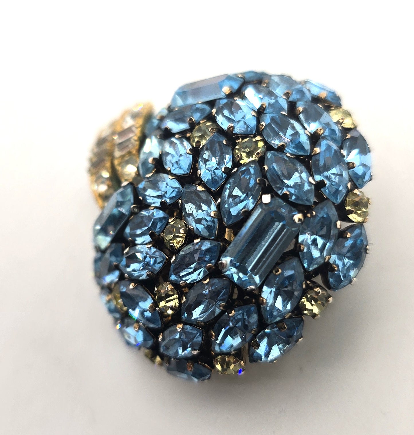 Schoffel & Co aqua blue Jonquil yellow rhinestone vintage demi set brooch earrings