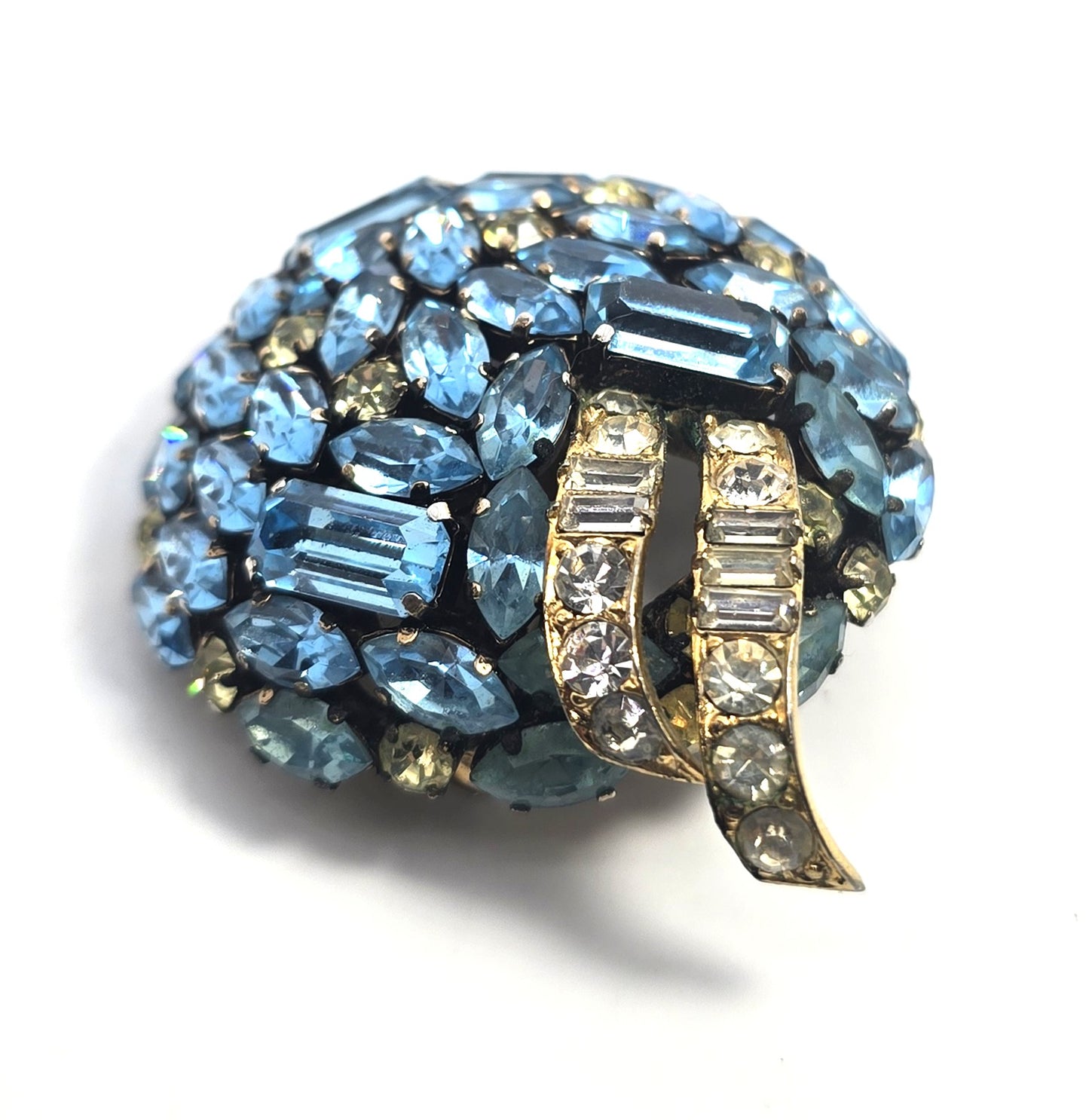 Schoffel & Co aqua blue Jonquil yellow rhinestone vintage demi set brooch earrings