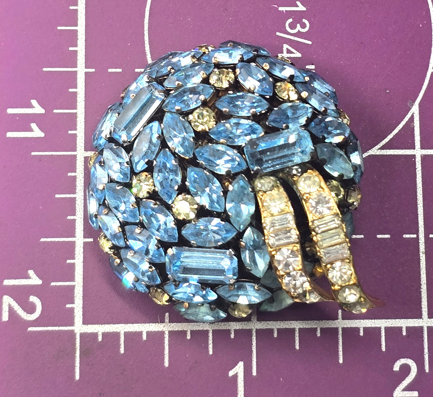 Schoffel & Co aqua blue Jonquil yellow rhinestone vintage demi set brooch earrings