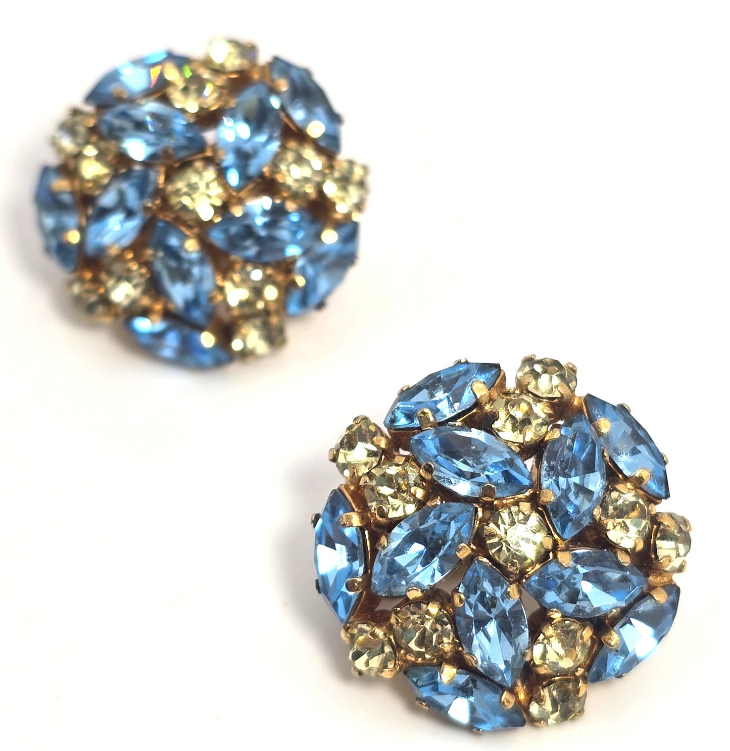 Schoffel & Co aqua blue Jonquil yellow rhinestone vintage demi set brooch earrings