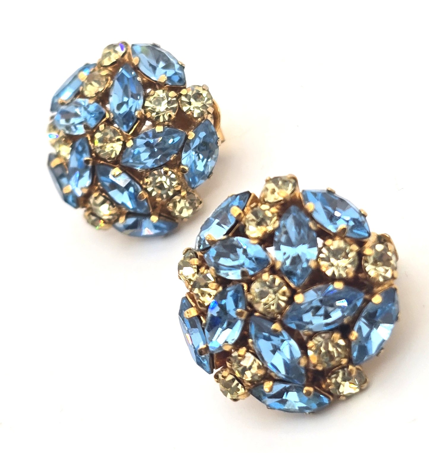 Schoffel & Co aqua blue Jonquil yellow rhinestone vintage demi set brooch earrings