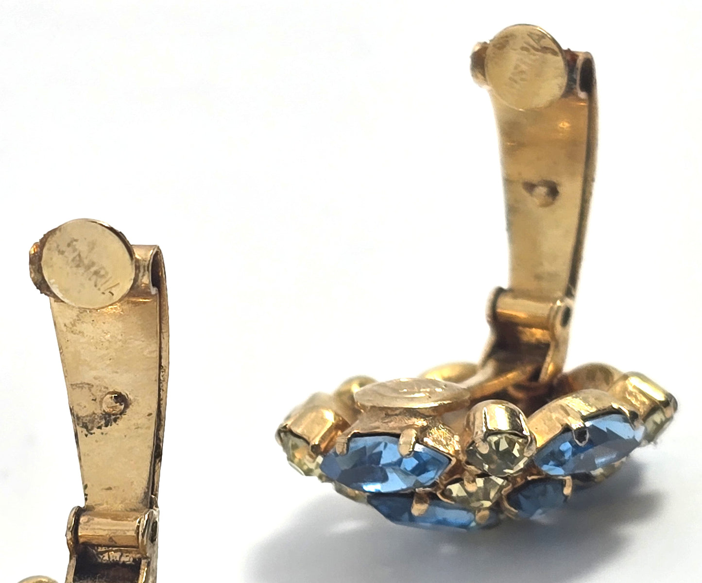 Schoffel & Co aqua blue Jonquil yellow rhinestone vintage demi set brooch earrings