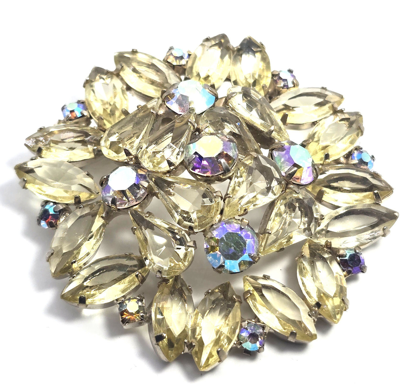 Jonquil yellow rhinestone AB Aurora Borealis prong set vintage rhinestone brooch