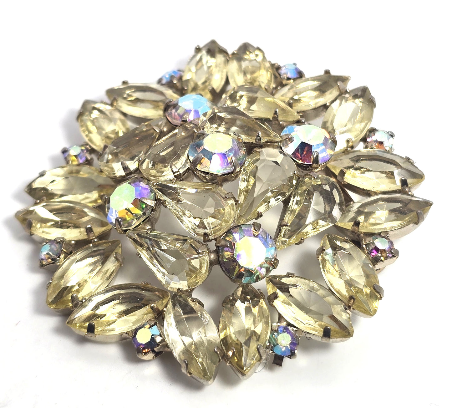 Jonquil yellow rhinestone AB Aurora Borealis prong set vintage rhinestone brooch