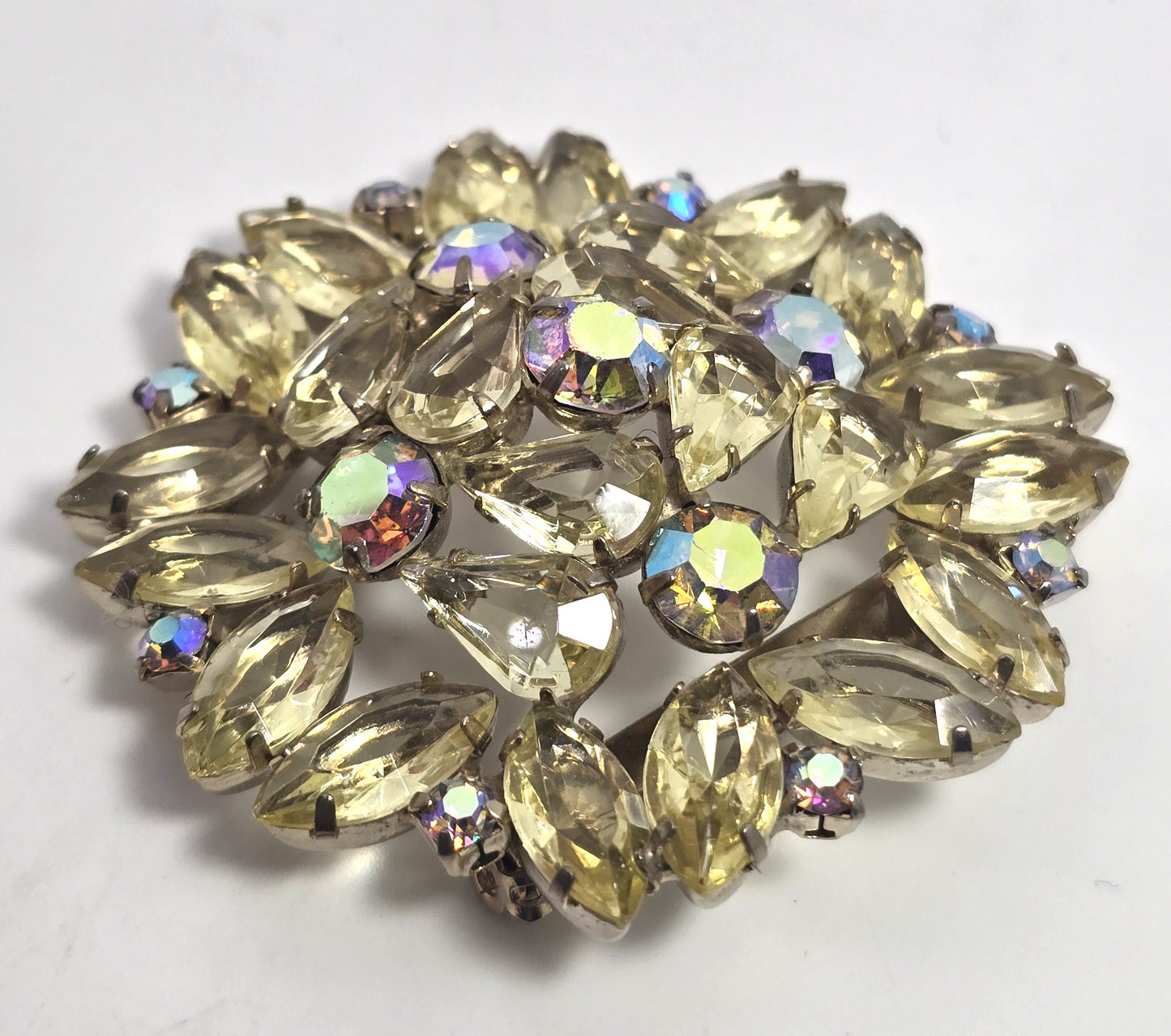 Jonquil yellow rhinestone AB Aurora Borealis prong set vintage rhinestone brooch