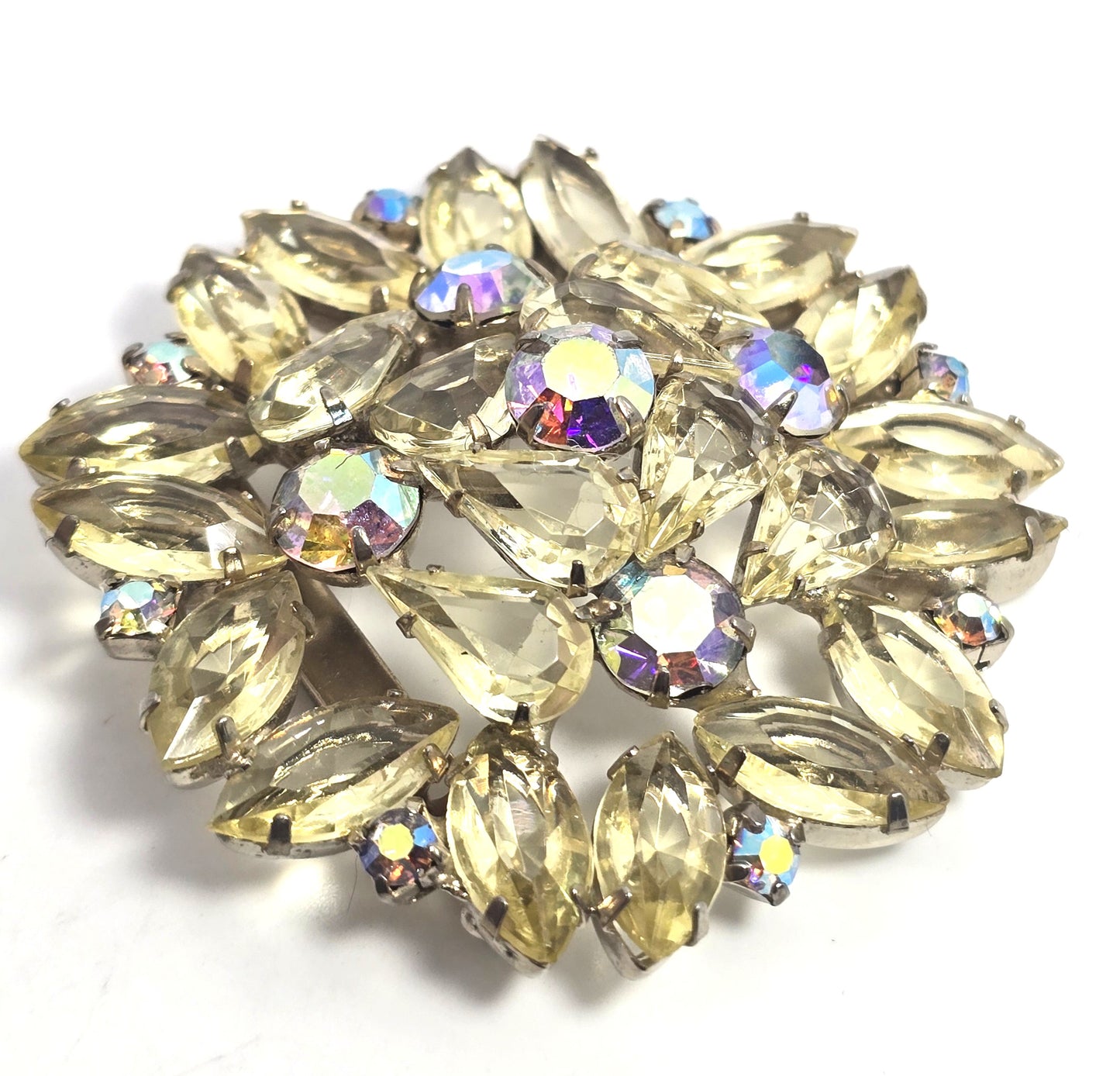 Jonquil yellow rhinestone AB Aurora Borealis prong set vintage rhinestone brooch