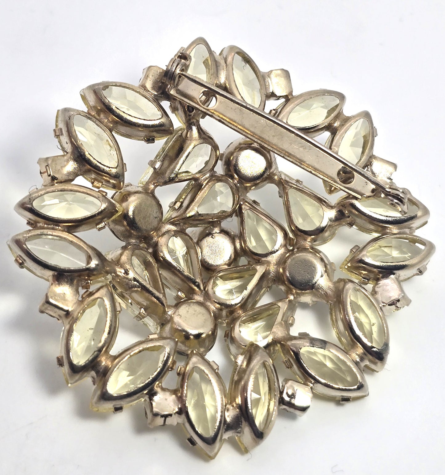 Jonquil yellow rhinestone AB Aurora Borealis prong set vintage rhinestone brooch