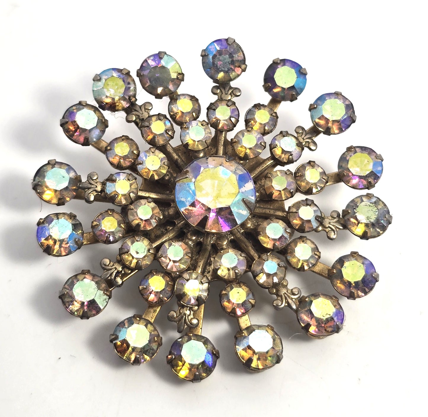 Rainbow Aurora Borealis mid century MCM atomic vintage rhinestone brooch