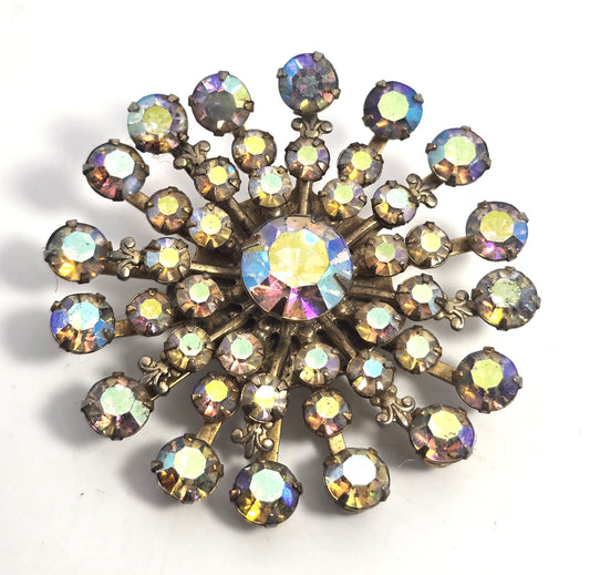 Rainbow Aurora Borealis mid century MCM atomic vintage rhinestone brooch