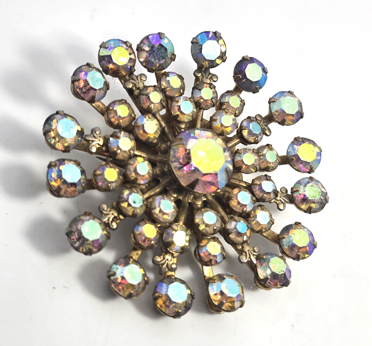 Rainbow Aurora Borealis mid century MCM atomic vintage rhinestone brooch