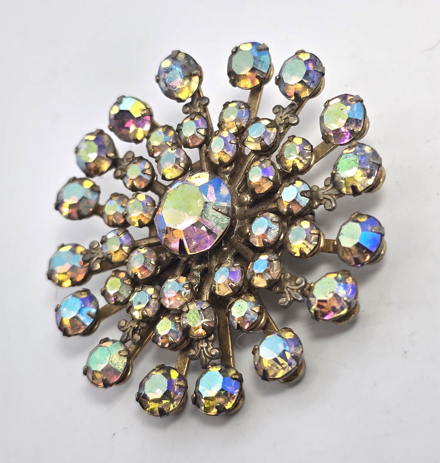 Rainbow Aurora Borealis mid century MCM atomic vintage rhinestone brooch
