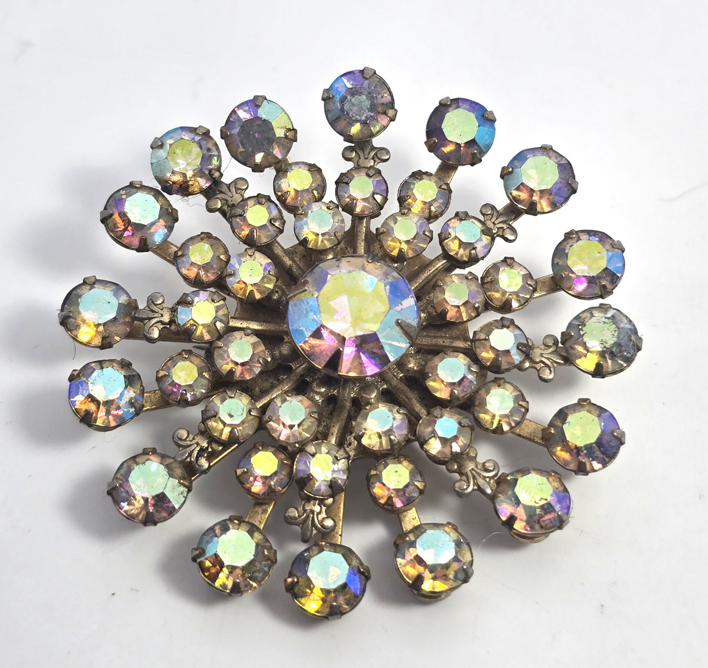 Rainbow Aurora Borealis mid century MCM atomic vintage rhinestone brooch