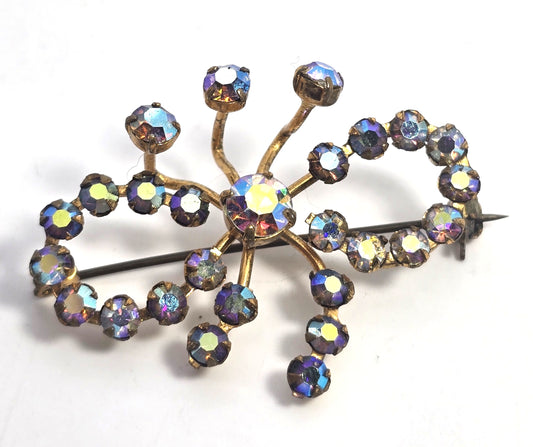 Austria Rainbow Aurora Borealis mid century MCM vintage rhinestone bow brooch