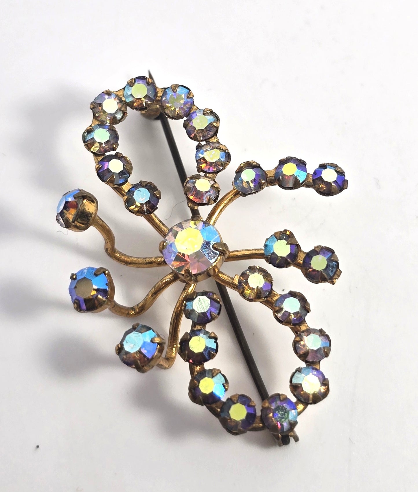 Austria Rainbow Aurora Borealis mid century MCM vintage rhinestone bow brooch
