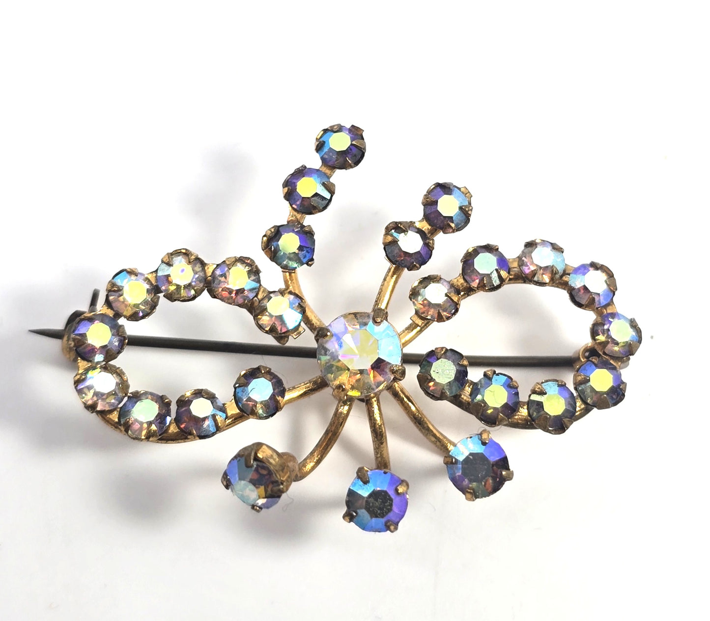 Austria Rainbow Aurora Borealis mid century MCM vintage rhinestone bow brooch